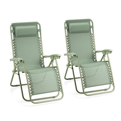 Zero Gravity Chairs Set of 2, Sage Green Folding Textilene Sun Loungers, VonHaus
