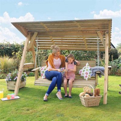 Zest 3 Seater Miami Wooden Garden Swing Seat Bench With Roof Canopy