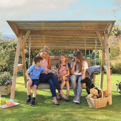 Zest 3 Seater Miami Wooden Garden Swing Seat Bench With Roof Canopy - 7