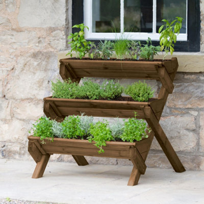 Zest 3 Tier Stepped Herb Stand Wooden Planter Garden Layered Planter Brown