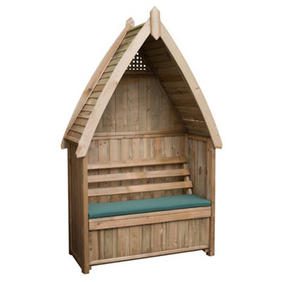 Zest Cheltenham Arbour Wooden Garden Seat & Storage Box & Green Seat Pad Cushion