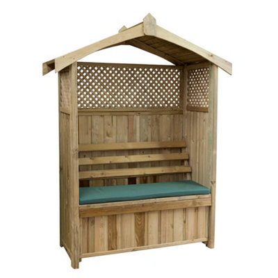 Zest Dorset Arbour Wooden Garden Seat & Storage Box & Green Seat Pad Cushion