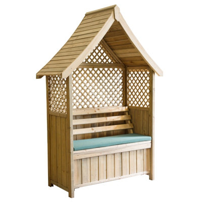 Zest Norfolk Arbour Wooden Garden Seat & Storage Box & Green Seat Pad Cushion