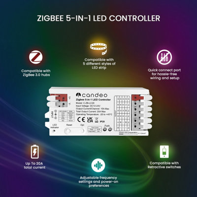 Zigbee LED Strip Controller 5-in-1 for RGBWW, RGBW, RGB, CCT, and single colour LED Strips