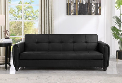 Zinc 3 Seater Faux Leather Sofa Bed with Hidden Storage In PU Leather - BLACK