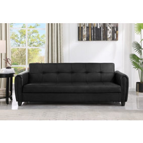 Zinc 3 Seater Faux Leather Sofa Bed with Hidden Storage In PU Leather - BLACK