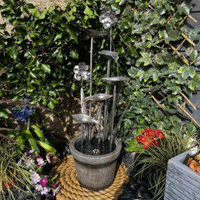 Zinc Flower & Pot Modern Metal Mains Plugin Powered Water Feature