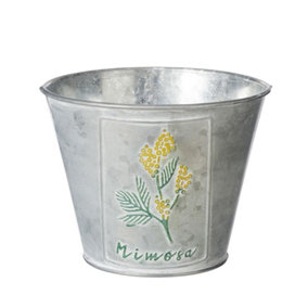 Zinc Plant Pot, Embossed Mimosa Flower. Indoor or Outdoor Use (H) 12 cm (W) 15 cm