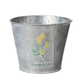 Zinc Plant Pot, Embossed Mimosa Flower. Indoor or Outdoor Use (H) 14 cm (W) 17 cm