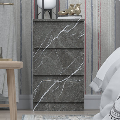 ZITA Matt Grey Marble Effect 3 Drawer Bedside Table (H) 68cm (W) 38cm (D) 40cm