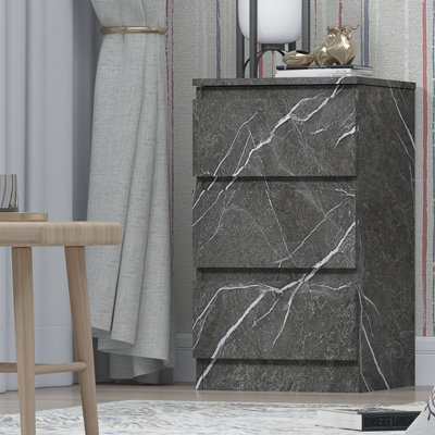ZITA Matt Grey Marble Effect 3 Drawer Bedside Table (H) 68cm (W) 38cm (D) 40cm