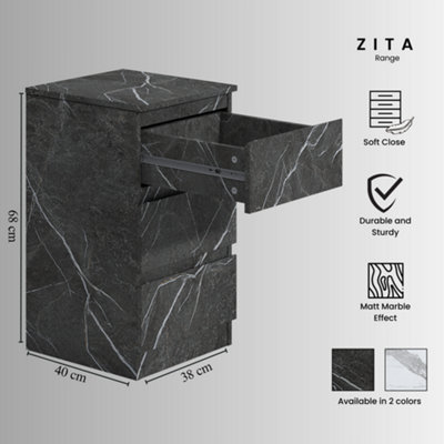 ZITA Matt Grey Marble Effect 3 Drawer Bedside Table (H) 68cm (W) 38cm (D) 40cm