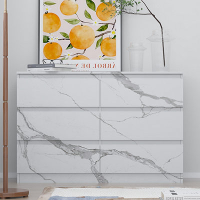 Zita Matt White Marble Effect 6 Drawer Chest (H) 75cm (W) 112cm (D) 40cm