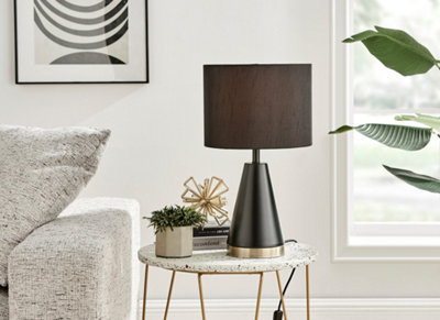 ZOE Matte Black Conical Table Lamp with Gold Chrome Base And Black Fabric Light Shade Including A Rated Energy Efficient LED Bulb
