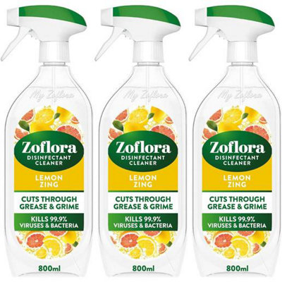 Zoflora Disinfectant Cleaner Lemon Spray 800ml - Cuts Through Grease & Grime (Pack of 3)