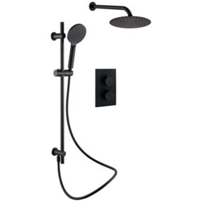 Zoia Black Double Outlet Thermostatic Valve with Round Controls & Slide Rail Kit, Showerhead & Arm