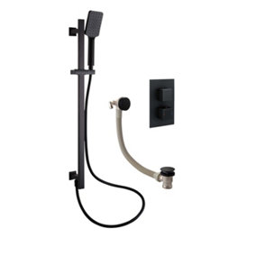 Zoia Black Double Outlet Thermostatic Valve with Square Controls & Slide Rail Kit & Bath Filler