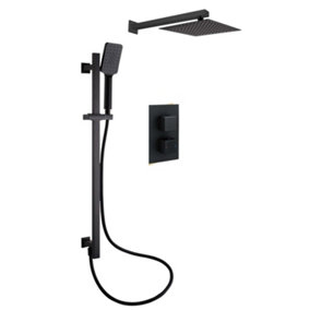 Zoia Black Double Outlet Thermostatic Valve with Square Controls & Slide Rail Kit, Showerhead & Arm