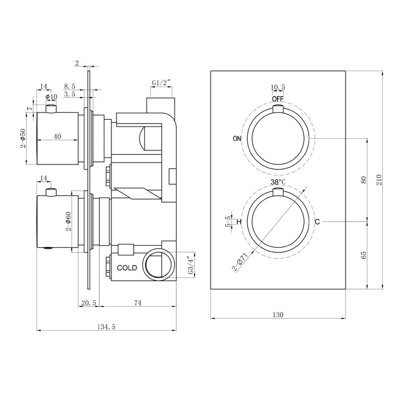 Zoia Black Single Outlet Thermostatic Valve with Round Controls & Showerhead & Arm - 5
