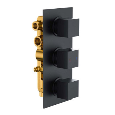 Zoia Black Triple Outlet Thermostatic Valve with Square Controls & Slide Rail Kit - 7