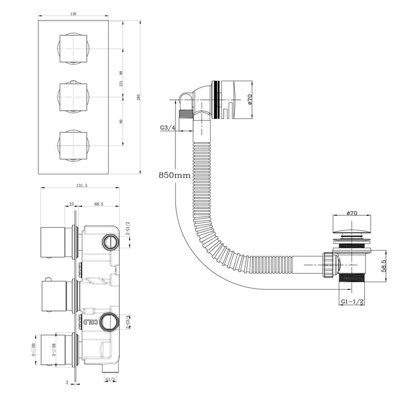 Zoia Black Triple Outlet Thermostatic Valve with Square Controls & Slide Rail Kit - 9