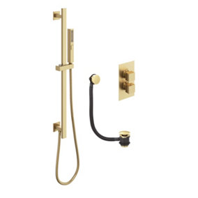 Zoia Gold Double Outlet Thermostatic Valve with Square Controls & Slide Rail Kit & Bath Filler