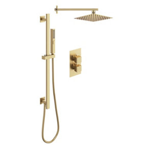 Zoia Gold Double Outlet Thermostatic Valve with Square Controls & Slide Rail Kit, Showerhead & Arm