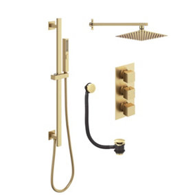 Zoia Gold Triple Outlet Thermostatic Valve with Square Controls & Slide Rail Kit, Bath Filler, Showerhead & Arm