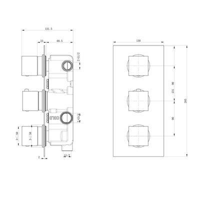 Zoia Gold Triple Outlet Thermostatic Valve with Square Controls & Slide Rail Kit - 9