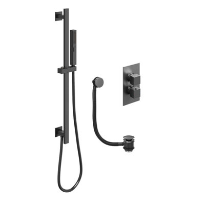 Zoia Gun Grey Double Outlet Thermostatic Valve with Square Controls & Slide Rail Kit & Bath Filler