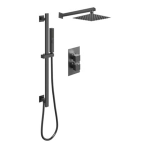 Zoia Gun Grey Double Outlet Thermostatic Valve with Square Controls & Slide Rail Kit, Showerhead & Arm