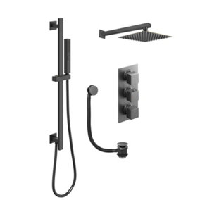 Zoia Gun Grey Triple Outlet Thermostatic Valve with Square Controls & Slide Rail Kit, Bath Filler, Showerhead & Arm