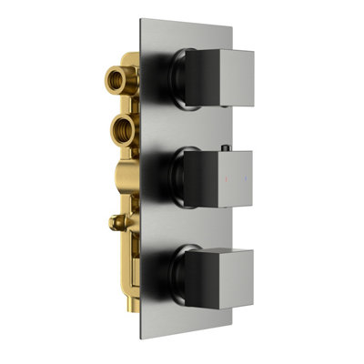 Zoia Gun Grey Triple Outlet Thermostatic Valve with Square Controls & Slide Rail Kit - 6