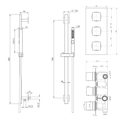 Zoia Gun Grey Triple Outlet Thermostatic Valve with Square Controls & Slide Rail Kit - 8