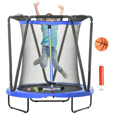 ZONEKIZ 4.6FT Kids Trampoline with Enclosure, Basketball, Sea Balls - Blue
