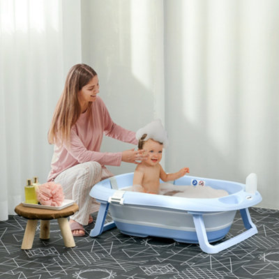 ZONEKIZ Foldable Baby Bathtub w/ Non-Slip Support Legs, Cushion Pad - Blue