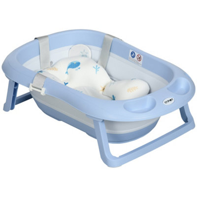 ZONEKIZ Foldable Baby Bathtub w/ Non-Slip Support Legs, Cushion Pad - Blue