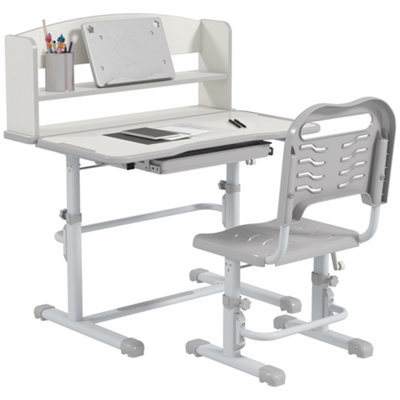 ZONEKIZ Height Adjustable Kids Desk and Chair Set, with Drawer, Bookshelf, Grey