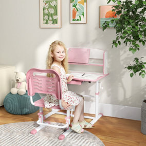 ZONEKIZ Height Adjustable Kids Desk and Chair Set, with Drawer, Bookshelf, Pink