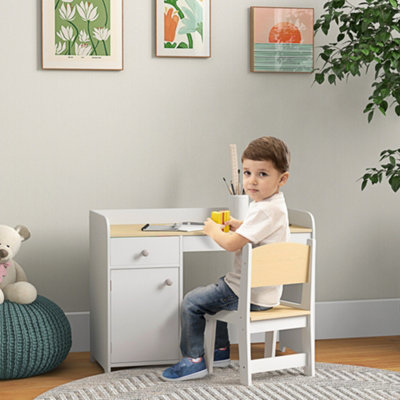 ZONEKIZ Kids Desk and Chair Set for Ages 3-6 Years w/ Storage Drawer - White