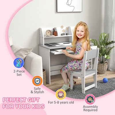 ZONEKIZ Kids Desk and Chair Set with Storage for 5-8 Years, Grey 