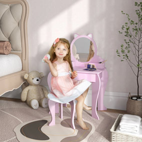 ZONEKIZ Kids Dressing Table Cat Design w/ Mirror Stool, Drawer, Storage Boxes