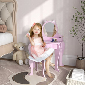 ZONEKIZ Kids Dressing Table, Cat Design w/ Mirror, Stool, Drawer, Storage Box