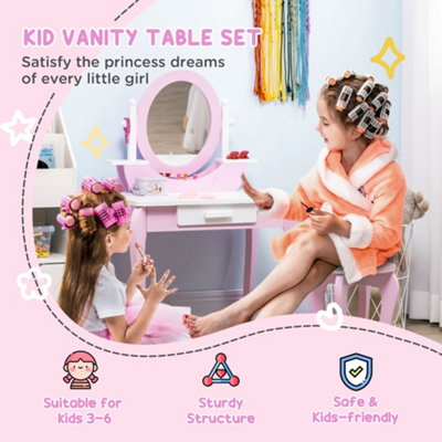 ZONEKIZ Kids Dressing Table Vanity Set Makeup Desk w/ Mirror, Stool