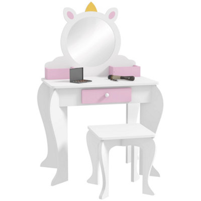 ZONEKIZ Kids Dressing Table with Mirror and Stool, Drawer, Storage Boxes - White