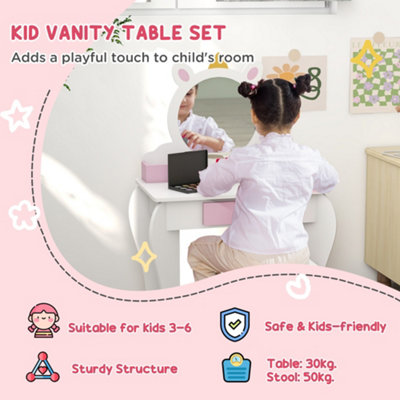 ZONEKIZ Kids Dressing Table with Mirror and Stool, Drawer, Storage Boxes - White