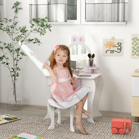 ZONEKIZ Kids Dressing Table with Mirror and Stool, Drawer, Storage Shelf - White