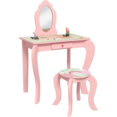 ZONEKIZ Kids Dressing Table with Mirror Stool Drawer, Cute Animal Design, Pink