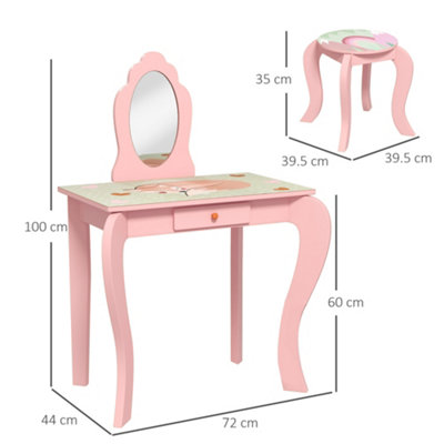 ZONEKIZ Kids Dressing Table with Mirror Stool Drawer, Cute Animal Design, Pink