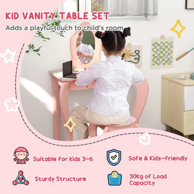 ZONEKIZ Kids Dressing Table with Mirror Stool Drawer Cute Animal Design Pink